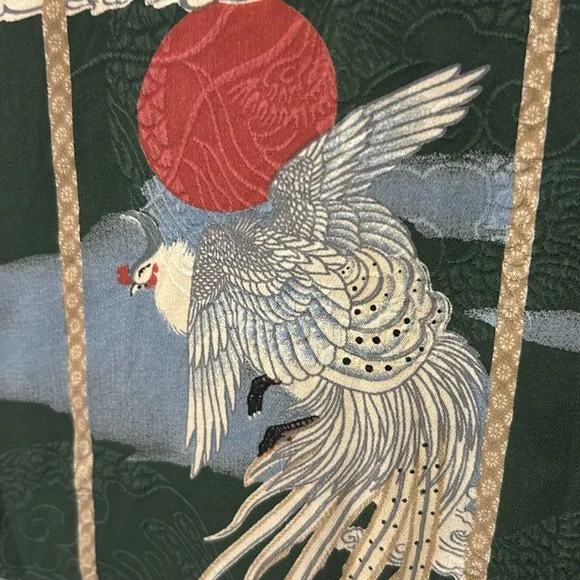 Citron Santa Monica Top Army Green Silk Asian Print Mandarin Collar Women’s M - Picture 8 of 15